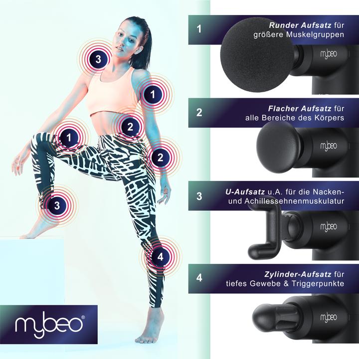 Produktbild Mybeo Massagepistole für Nacken, Schulter, Rücken, 4 Köpfe, 4 Geschwindigkeiten, 3D-Rotation, elektrisch