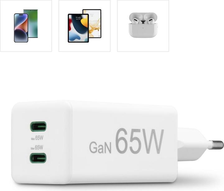 Actual product image Hama Fast charger, GaN, 2x USB-C, PD/Qualcomm®, mini charger, 65 W, white (65 W)