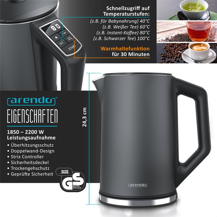 Actual product image Arendo Breakfast set, kettle 1.5l temperature selection, 2-slice toaster & egg cooker for 3 eggs, grey