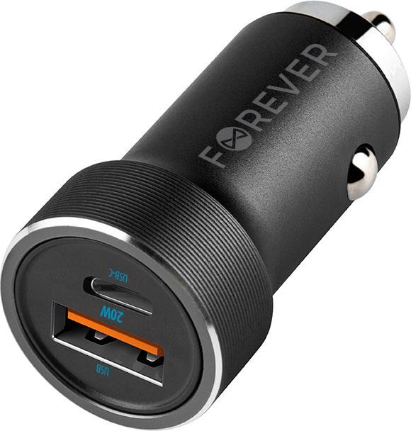 Forever CC-06 PD QC car charger 1x USB-C 1x USB 20W black + USB-C - Lightning cable 27W