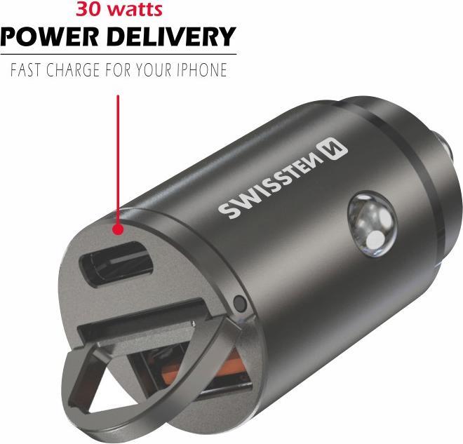 Produktbild Swissten Car Adapter Power Delivery USB-C + Super Charge 3.0 30W NANO