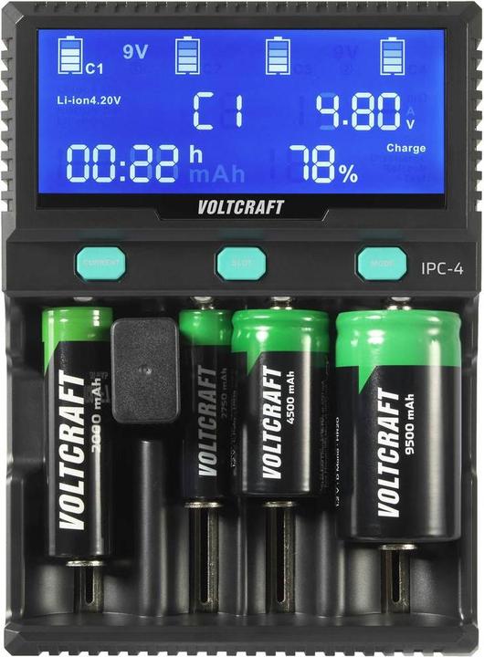 Productafbeelding Voltcraft IPC-4 rondcellige oplader LiIon, LiFePO, NiMH, NiCd, LiFePO4 A, Mignon (AA), Micro (AAA) (1 Pcs., 10440, 14500, 16340, 17335, 17500, 17670, 18490, 18650, 21700, 22650, 26500, 26650, 32650, AAA, A, AA, Sub-C, Lader zonder batterij)