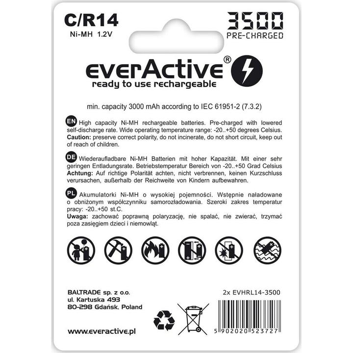 Etichetta energetica Everactive Batterie ricaricabili R14/C Ni-MH 3500 mAh pronte all'uso - Batteria - Bambino (C) (2 pz., C, 3500 mAh)
