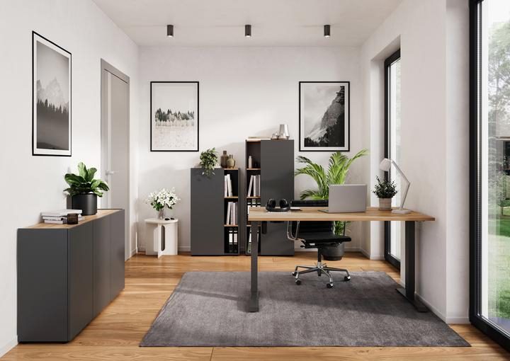Produktbild Germania Boras höhenverstellbarer Schreibtisch kaschmir rechteckig, C-Fuss-Gestell schwarz 140,0 x 80 (140 x 71 cm)