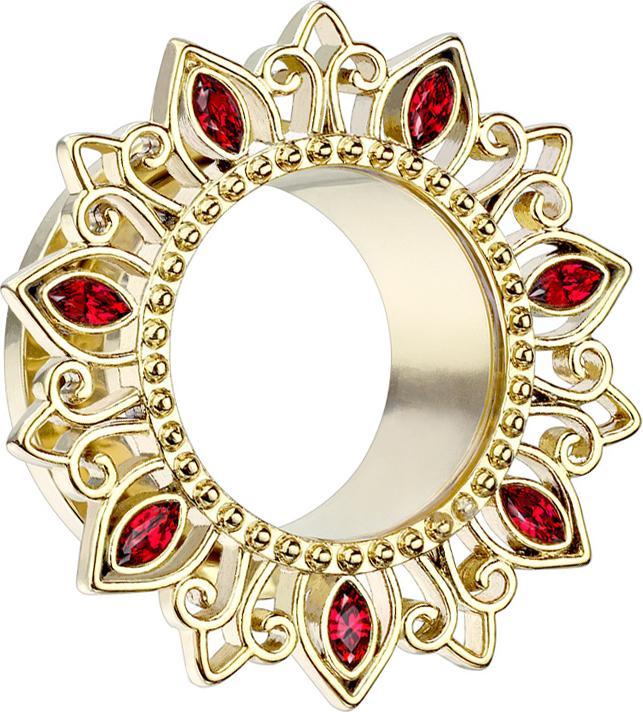 Produktbild Star Piercing Flesh Tunnel vergoldet Lotusblume Kristall rot (Messing, Chirurgenstahl 316L)