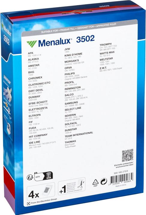 Label énergétique Menalux 3502 / 4 sacs à poussière / 1 microfiltre / Duraflow /Philips / AFK / Alaska (5 x)