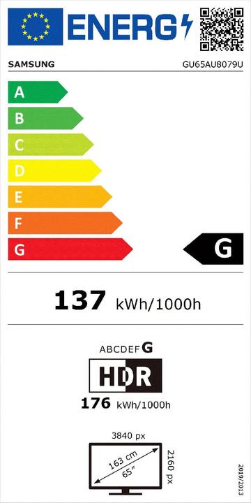 Label énergétique Samsung GU65AU8079UXZG (65", LED, 4K, 2021)
