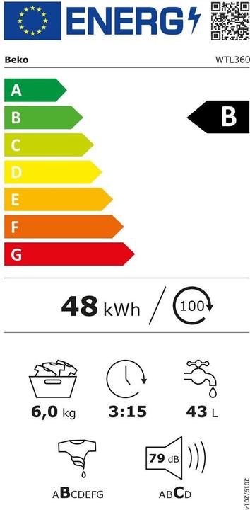 Label énergétique Beko WTL360 (6 kg, Vers le haut)