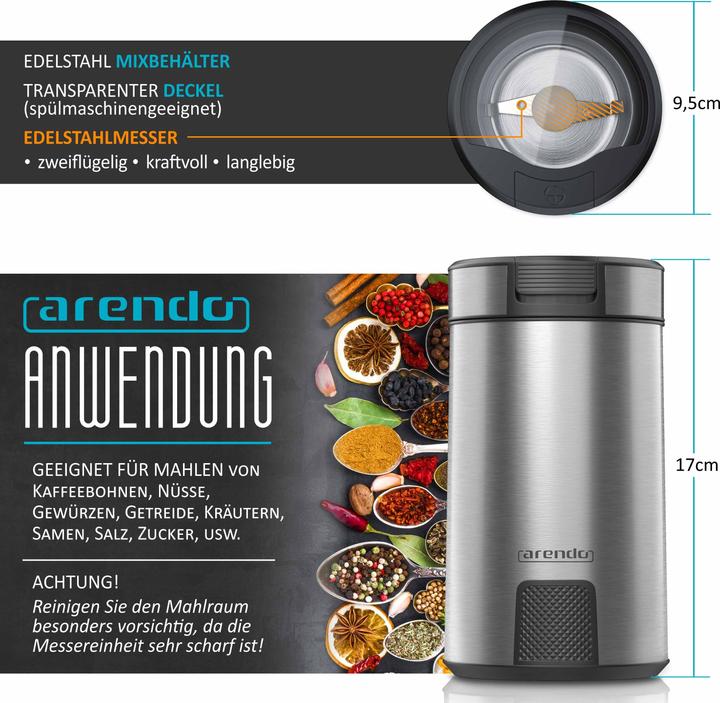 Actual product image Arendo Electric coffee grinder stainless steel, spice grinder coffee grinder, stainless steel blade