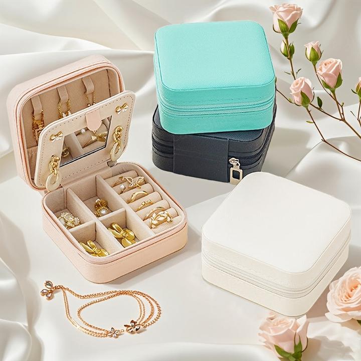 Actual product image Only-Bags.Store 1 Stück Mini-Reise-Schmuck-Organizer im klassischen Stil mit Spiegel, 3-lagiger Aufbewahrungskoffer