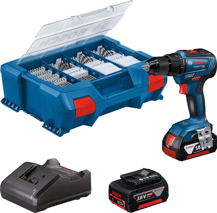 Ladegerät GAL 18V-20 Professional, L-Case Pick & Click, 2 x Akku GBA 18V 4.0Ah, 82-teiliges Zubehör-Set, Akku-Bohrschrauber GSR 18V-55