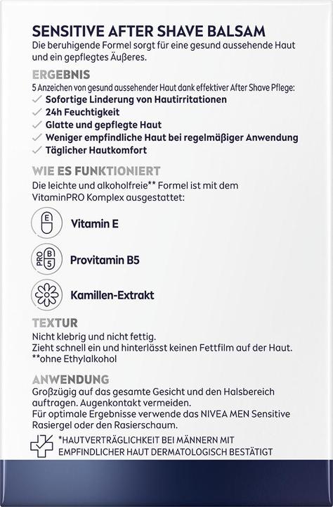 Nährwerte und Zutaten NIVEA Sensitive After Shave Balsam (Balsam, 100 ml)