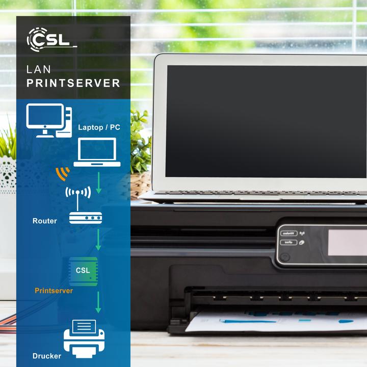 Produktbild CSL LAN Printserver, USB Druckerserver, Netzteil, Fast Ethernet, für PC Windows Vista, XP, 7/8/8.1/10/11