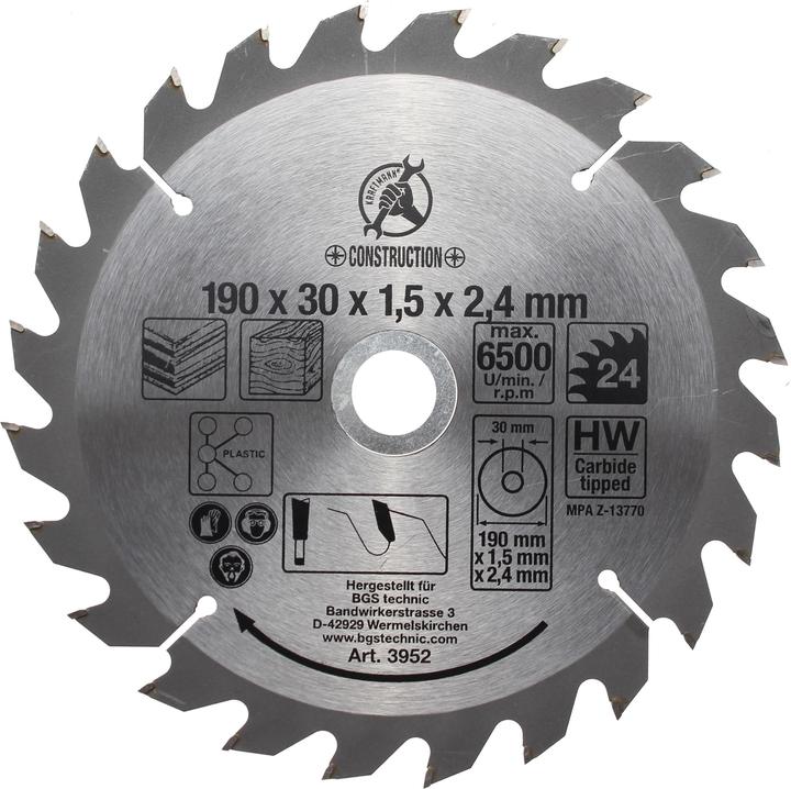 BGS Carbide Tipped Circular Saw Blade Ø 190 x 30 x 2.5 mm 24 teeth