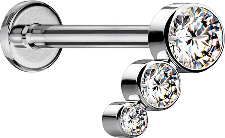 Star Piercing Micro Labret Innengewinde silber mit drei Kristallen (ohne Messing, Titan G23)