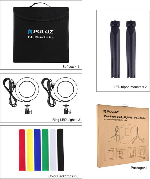 Image du produit Puluz Boîte de studio photo 30m avec 2x lampe annulaire (éclairage de studio)