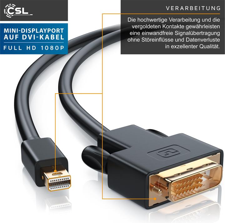 Produktbild CSL Mini DisplayPort zu DVI Video-Kabel, miniDP Monitor Adapter Kabel, für Apple, PC's & Notebooks (2 m, DisplayPort, DVI)