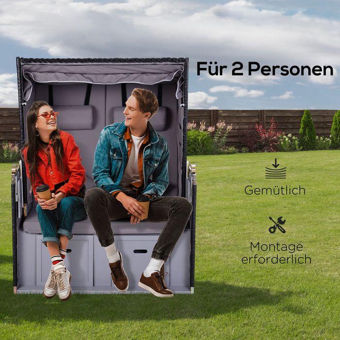Produktbild Swisshandel24 Strandkorb Volllieger Doppelte Sonnenliege mit Dach Gartenliege Getränkehalter Chaiselounge PE Ratta