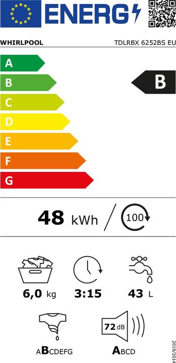 Label énergétique Whirlpool TDLRBX 6252BS EU (6 kg, Vers le bas, Prise UE)
