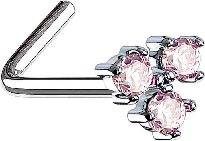 Image du produit Star Piercing Nasenstecker gewinkelt silber mit drei Kristallen pink (Acier chirurgical 316L, Laiton)