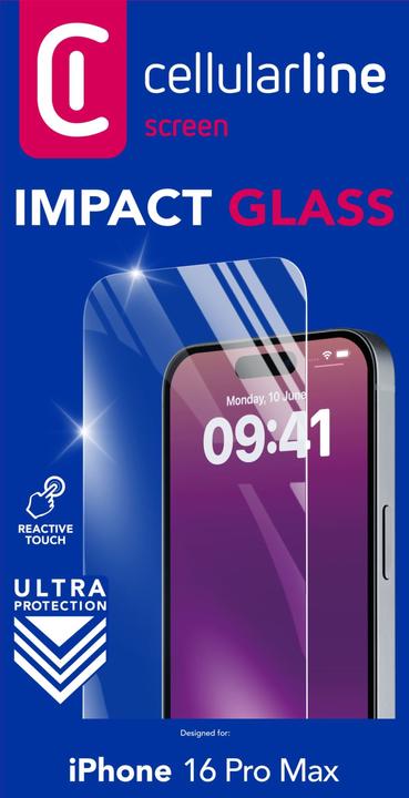 Immagine prodotto Cellularline Impact Glass - iPhone 16 Pro Max Vetro temperato sottile, resistente e super sensibile Trasparente (1 Pezzo/i, Apple iPhone 16 Pro Max)