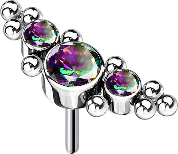Produktbild Star Piercing Threadless silber mittig mit Kugeln und drei Kristalle dunkel multicolor (ohne Messing, Titan G23)
