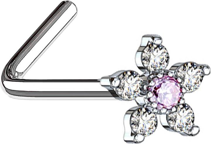 Produktbild Star Piercing Nasenstecker gewinkelt silber Blume mit Kristall pink und silber (Chirurgenstahl 316L, Messing)