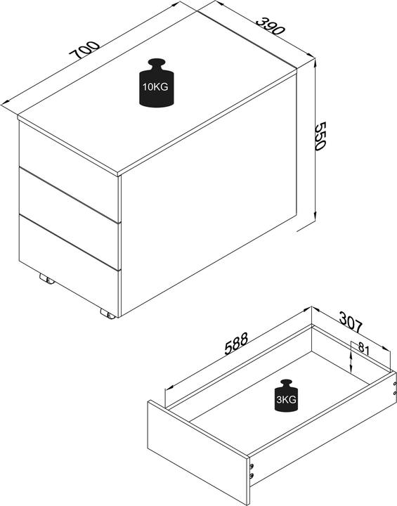 Produktbild VCM Rollcontainer Beistellcontainer Bürocontainer Rollen rollbar Dasola 3 Schublade (39 x 70 x 55 cm)