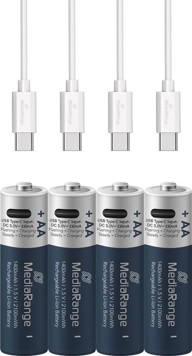 Image du produit MediaRange Rechargeable USB-C (4 pcs, AA, 1400 mAh)