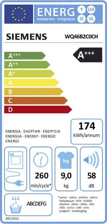 Energy Label Siemens WQ46B2C0CH 9kg & WG56B2A5CH 10kg Waschturm (9 kg, Right)