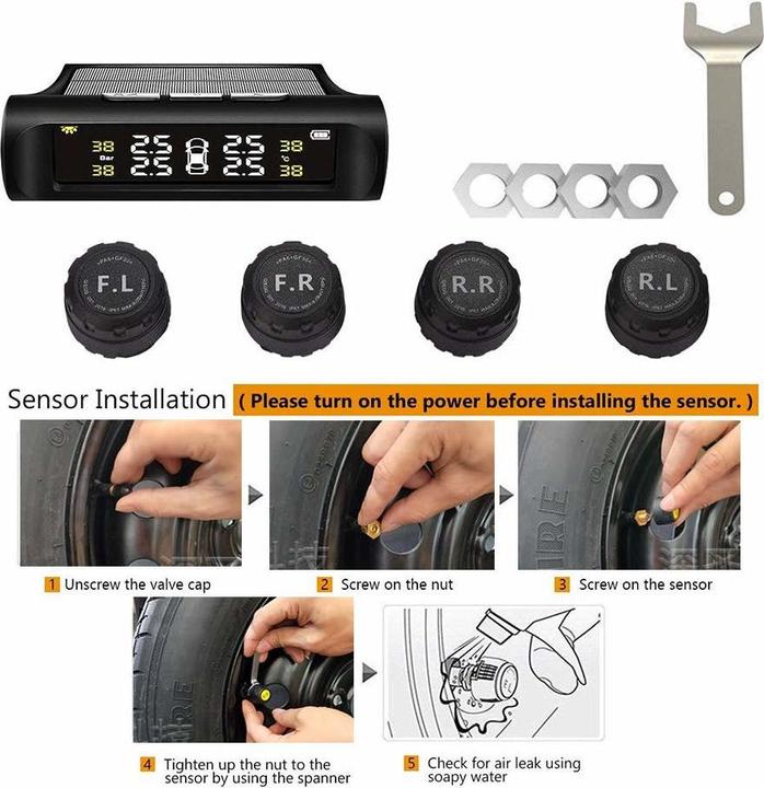 Image du produit JTI TPMS Système de contrôle de la pression des pneus sans fil, cellule solaire / USB