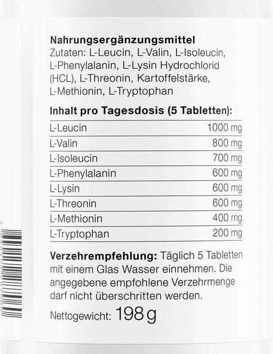 Nährwerte und Zutaten Effective Nature EAA Essentielle Aminosäuren (180 Stück, Tabletten, 180 g)