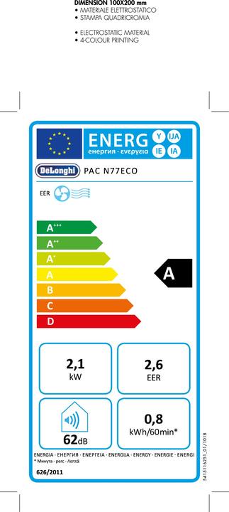 Etichetta energetica De'Longhi PAC N77 ECO (30 m², 8200 BTU/h)