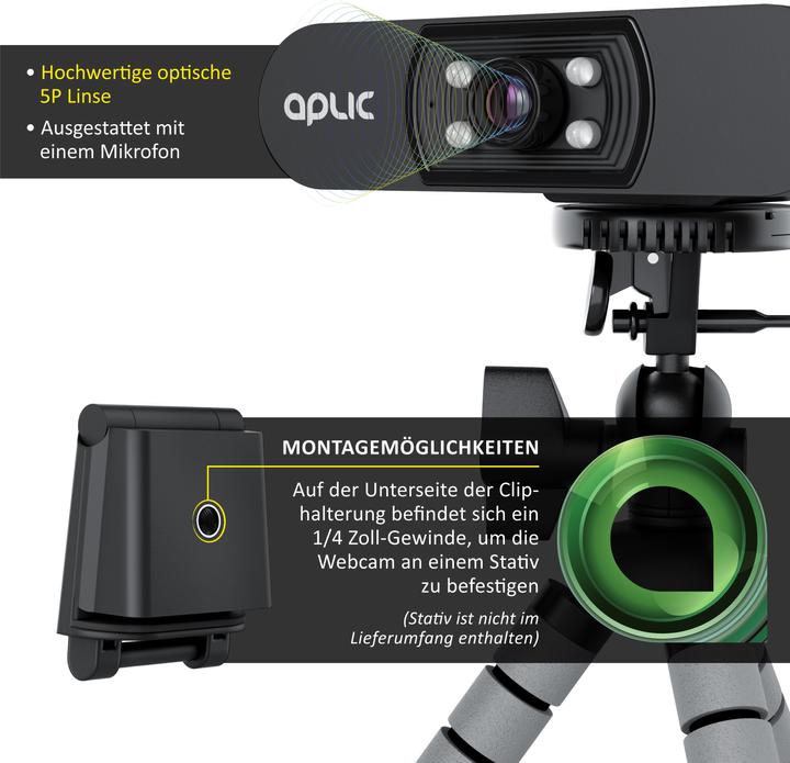 Immagine prodotto Aplic Webcam Full HD con microfono, 1920x1080P @ 25 Hz, 4 luci ausiliarie / luce di scena, obiettivo 5P