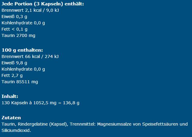 Valeurs nutritives et ingrédients IronMaxx Taurine (130 pièce(s), Capsules)