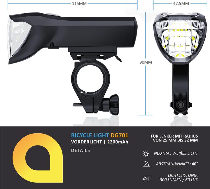 Image du produit Aplic Feu de vélo LED, feu avant, feu avant de vélo rechargeable avec 50 LUX, feu de vélo, homologué StVZO (300 lm)