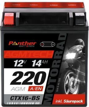 Panther Batterien Motorradbatterie AGM YTX16-BS 12V 14Ah (12 V, 14 Ah)