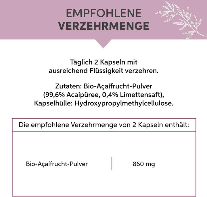Nutritional values and ingredients Eltabia Organic acai capsules in freeze-dried raw food quality | high-dose 860mg daily dose (100 Piece, Capsules)
