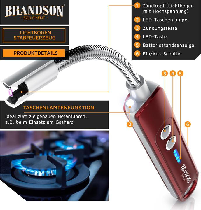 Produktbild Brandson Stabfeuerzeug elektrisch, Lichtbogen Feuerzeug, Kerzenanzünder, USB aufladbar, für Kerzen, Grills