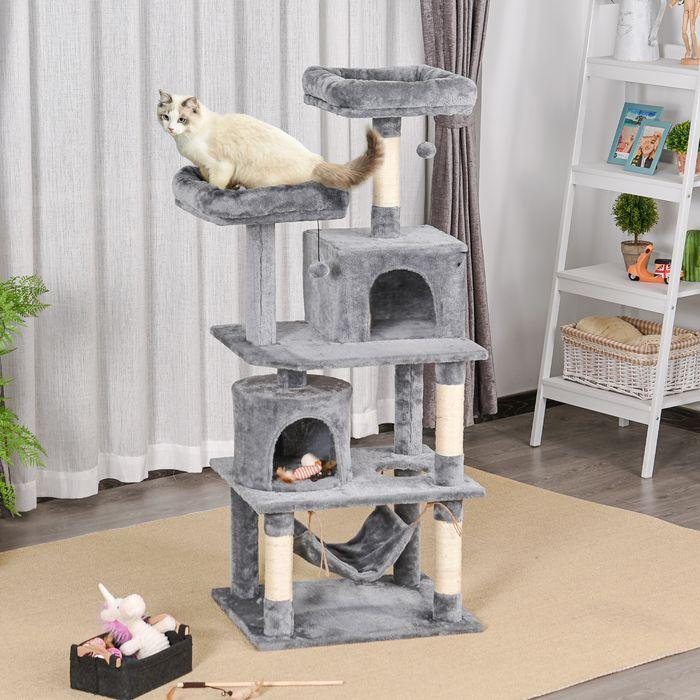 Image du produit Swisshandel24 Arbre à gratter Arbre à grimper Meubles pour chat Grotte à chat avec poteaux en sisal, 60 x 50 x (145 cm, Gris)
