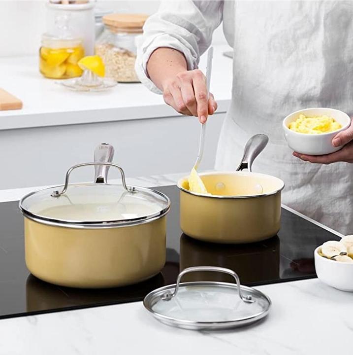 Immagine prodotto Greenline Porpoise Geel 4 pannelli d'acciaio con rivestimento - induzione - anti-aanbak - PFAS-vrij (18 cm, Casseruola con manico, Alluminio)