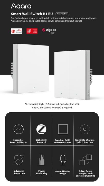 Image du produit Xiaomi Interrupteur mural intelligent H1 Blanc avec neutre, double rocker (Zigbee)
