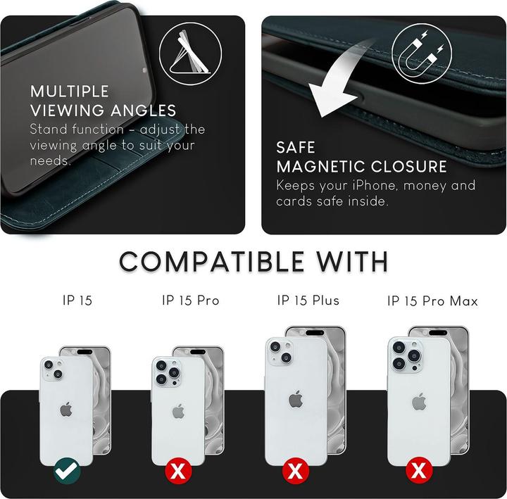 Produktbild Nalia Echt Leder Flip Case Hülle mit Magnetverschluss (Apple iPhone 15)