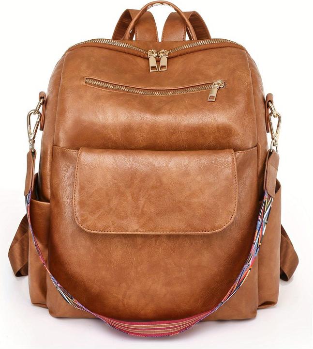 Produktbild Only-Bags.Store Retro Solid Color Rucksack Geldbörse, Geometrische breiten Riemen Umhängetasche, Mode PU Leder