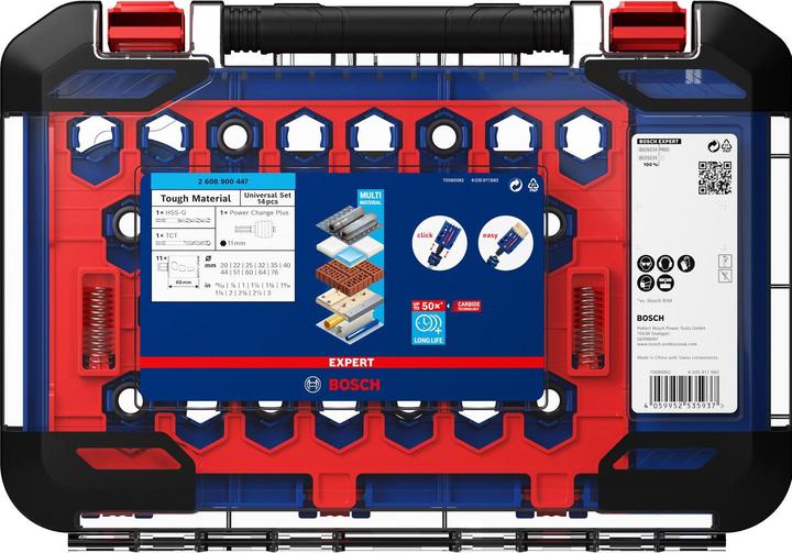 Produktbild Bosch Professional Zubehör EXPERT Tough Material Lochsäge-Set, 20/22/25/32/35/40/44/51/60/64/76 mm, 14-tlg. (20, 22, 25, 32, 35, 40, 44, 51, 60, 64, 76 mm)