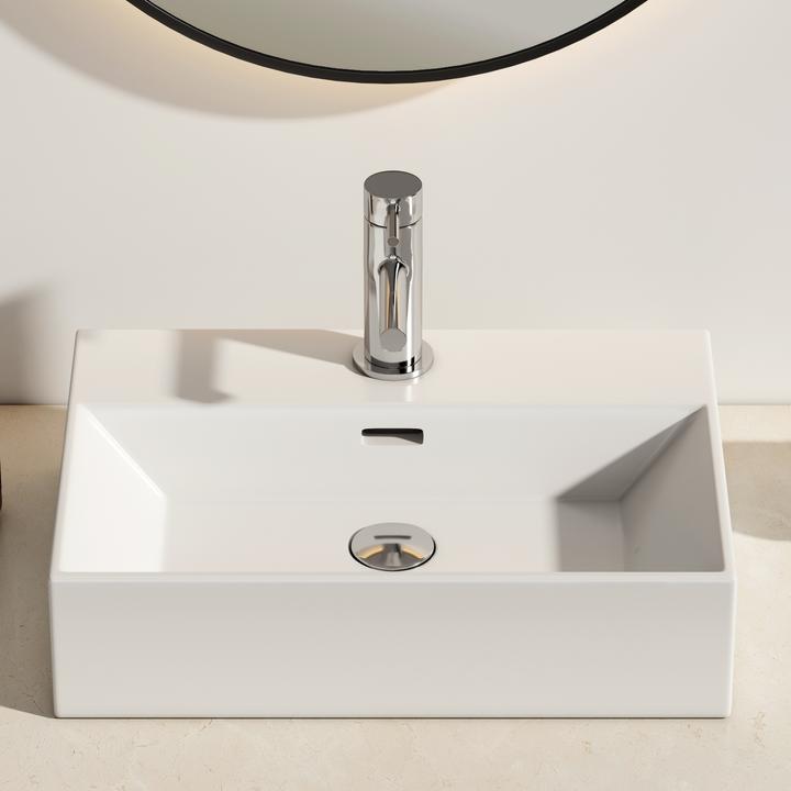 Immagine prodotto Emke Lavabo da appoggio, in ceramica, a parete/da appoggio, bianco lucido, con foro per rubinetto (365 mm, 515 mm)