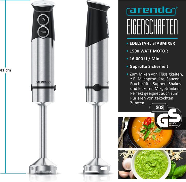 Actual product image Arendo Hand blender stainless steel, 1500 W, electric hand blender, infinitely variable speed + turbo