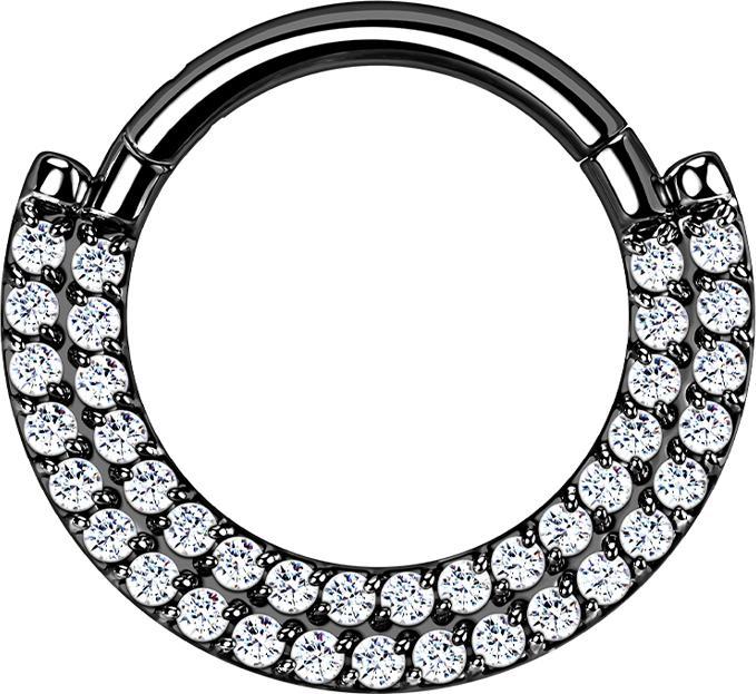Star Piercing Micro Segmentring klappbar schwarz Schild doppel front Kristalle silber (ohne Messing, Titan G23)