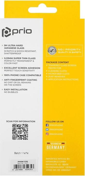 Produktbild prio Displayschutzglas für iPhone 11/XR transparent (1 Stück, Apple iPhone XR, Apple iPhone 11)