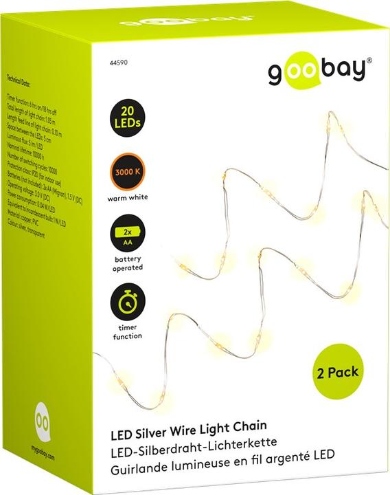 Produktbild Goobay 2x 20er LED-Silberdraht-Lichterkette, inkl. Timer Stimmungsvolle Leuchtdekoration für den Innenbe (1.05 m)
